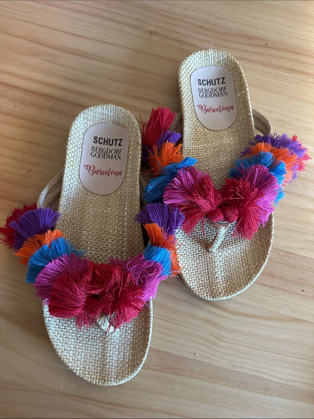 Schutz Multicolor Fringe Raffia Slide Sandals Barcelona
